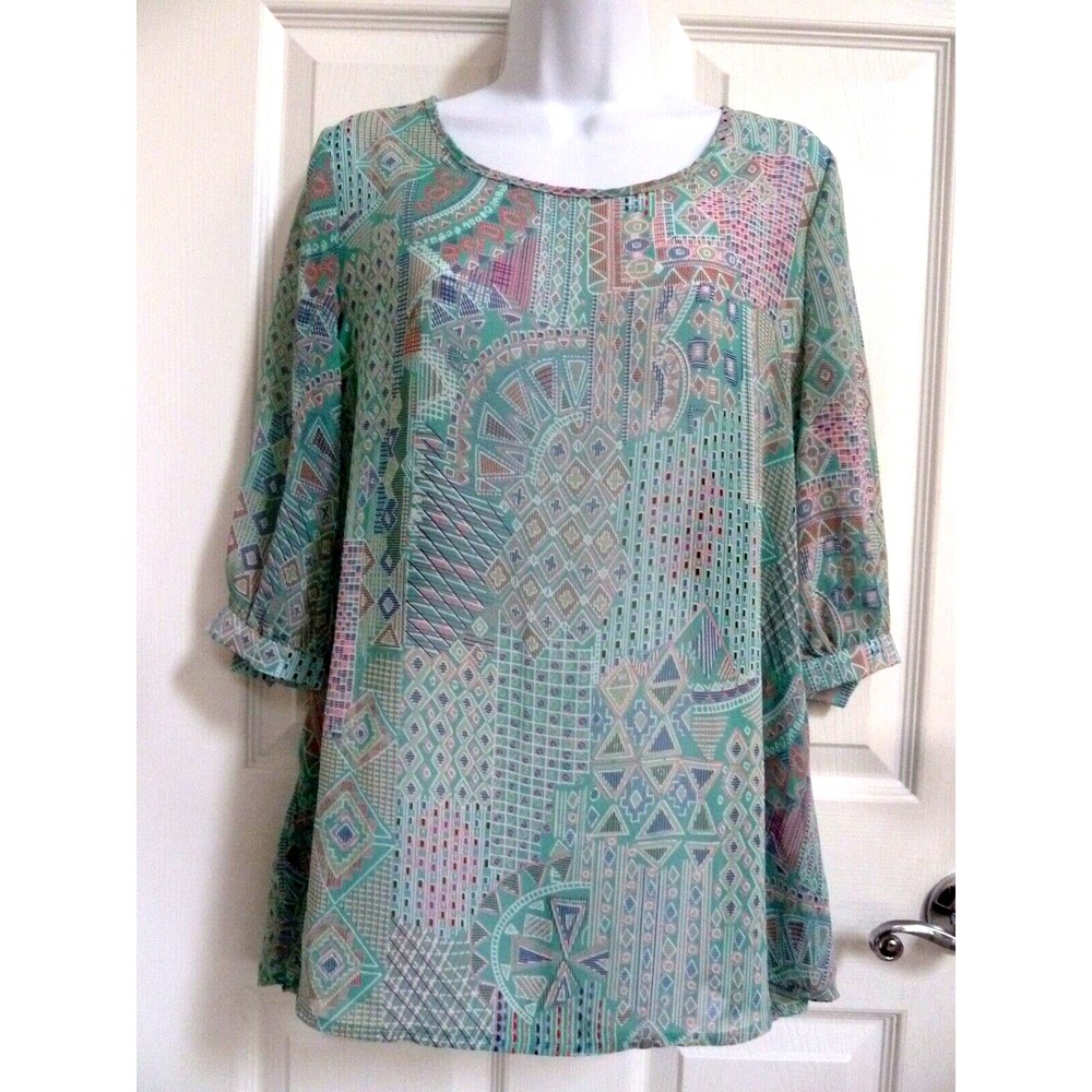 Pink Owl Women Large Puff Sleeve Blouse Geometric Multicolor Split Back USA NWT
